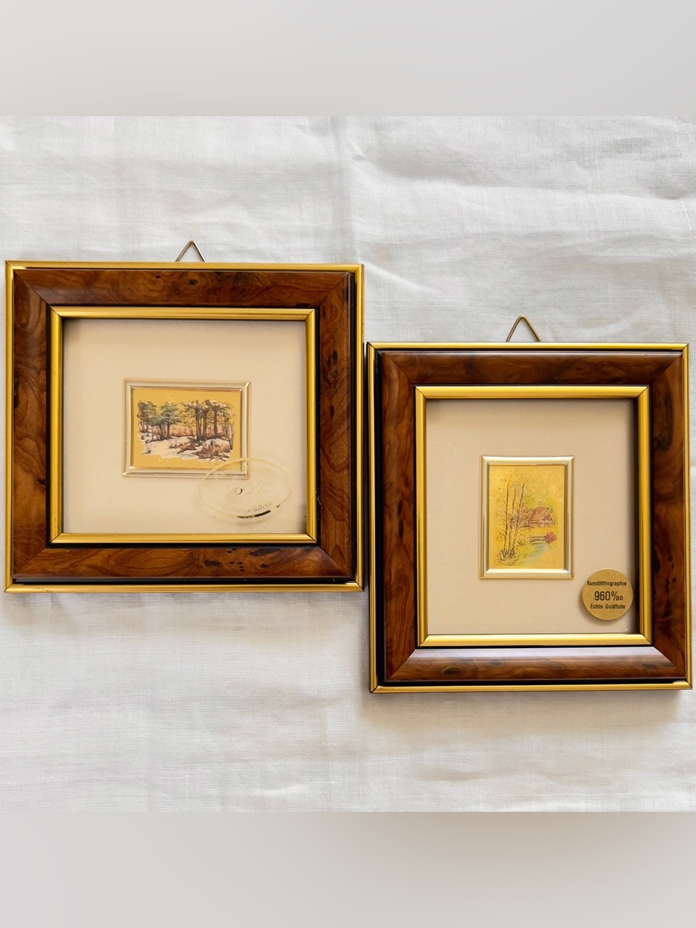 Vintage Kunstlithographie 960 Gold Foil Miniature Framed Art Pair Winter Spring